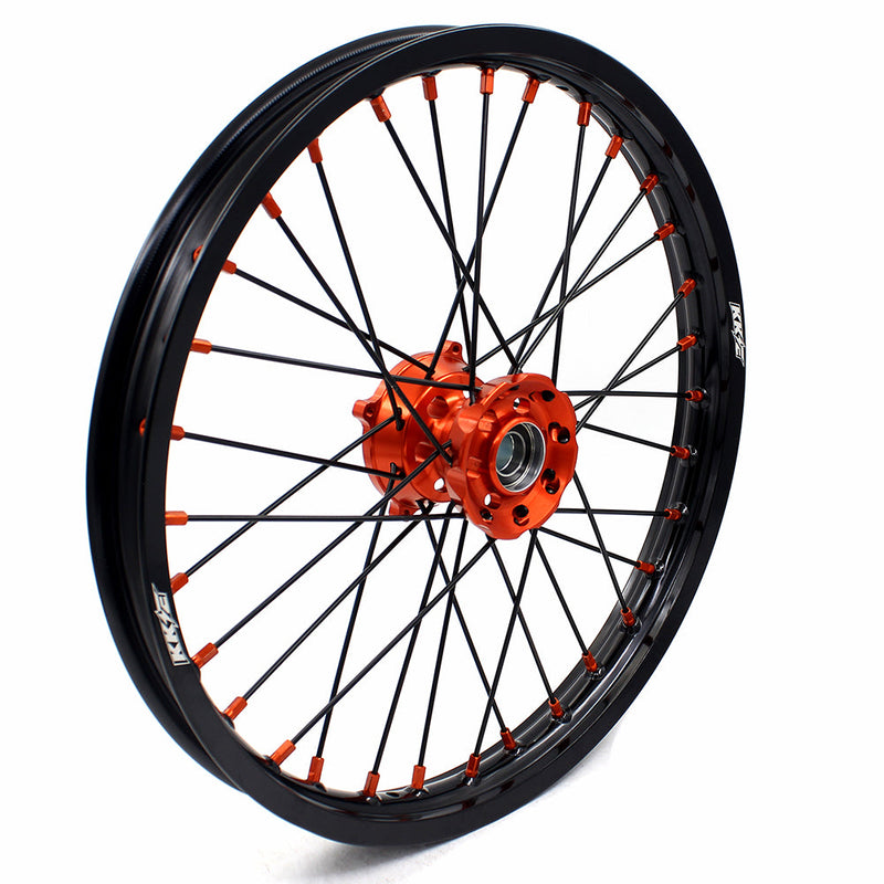 KKE 17/14 Spoked Kid's Small Wheels For KTM SX85 2021-2024 Orange Nipples & Black Spokes KKE Racing