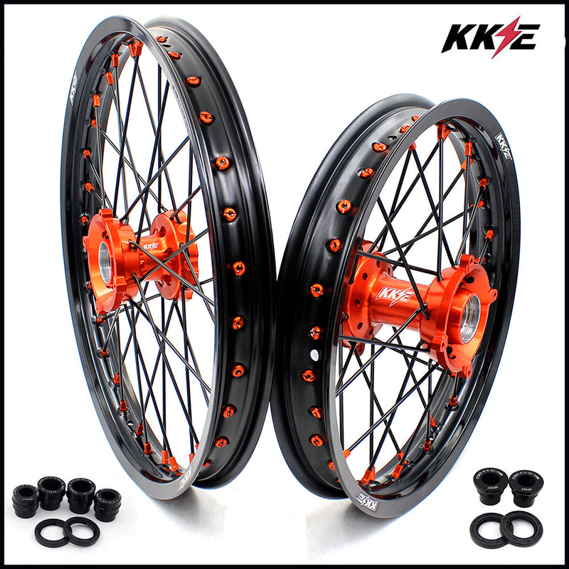 KKE 19"*1.6/16"*1.85 Big Kid's Wheels Rims Set For KTM SX85 2021 2022 2023 2024 Orange Nipples & Black Spokes KKE Racing