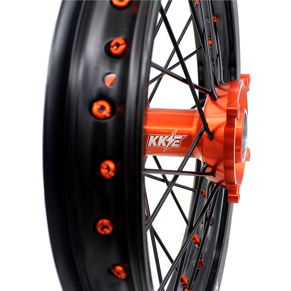 KKE 19"*1.6/16"*1.85 Big Kid's Wheels Rims Set For KTM SX85 2021 2022 2023 2024 Orange Nipples & Black Spokes KKE Racing