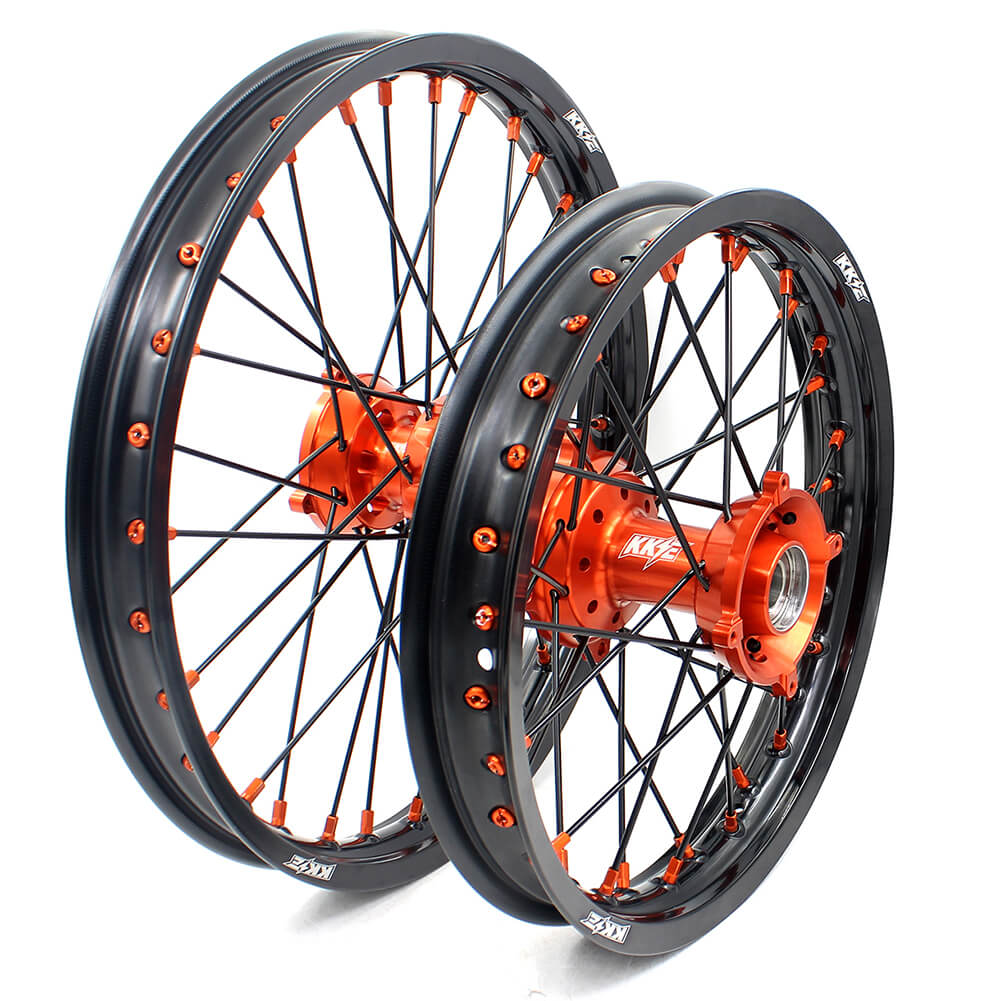 KKE 19"×1.6/16"×1.85 Spoke Kid's Big Wheels Rims Fit KTM SX 85 2003-2020 Orange Nipples & Black Spokes KKE Racing