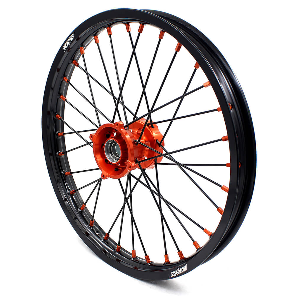 KKE 19"×1.6/16"×1.85 Spoke Kid's Big Wheels Rims Fit KTM SX 85 2003-2020 Orange Nipples & Black Spokes KKE Racing
