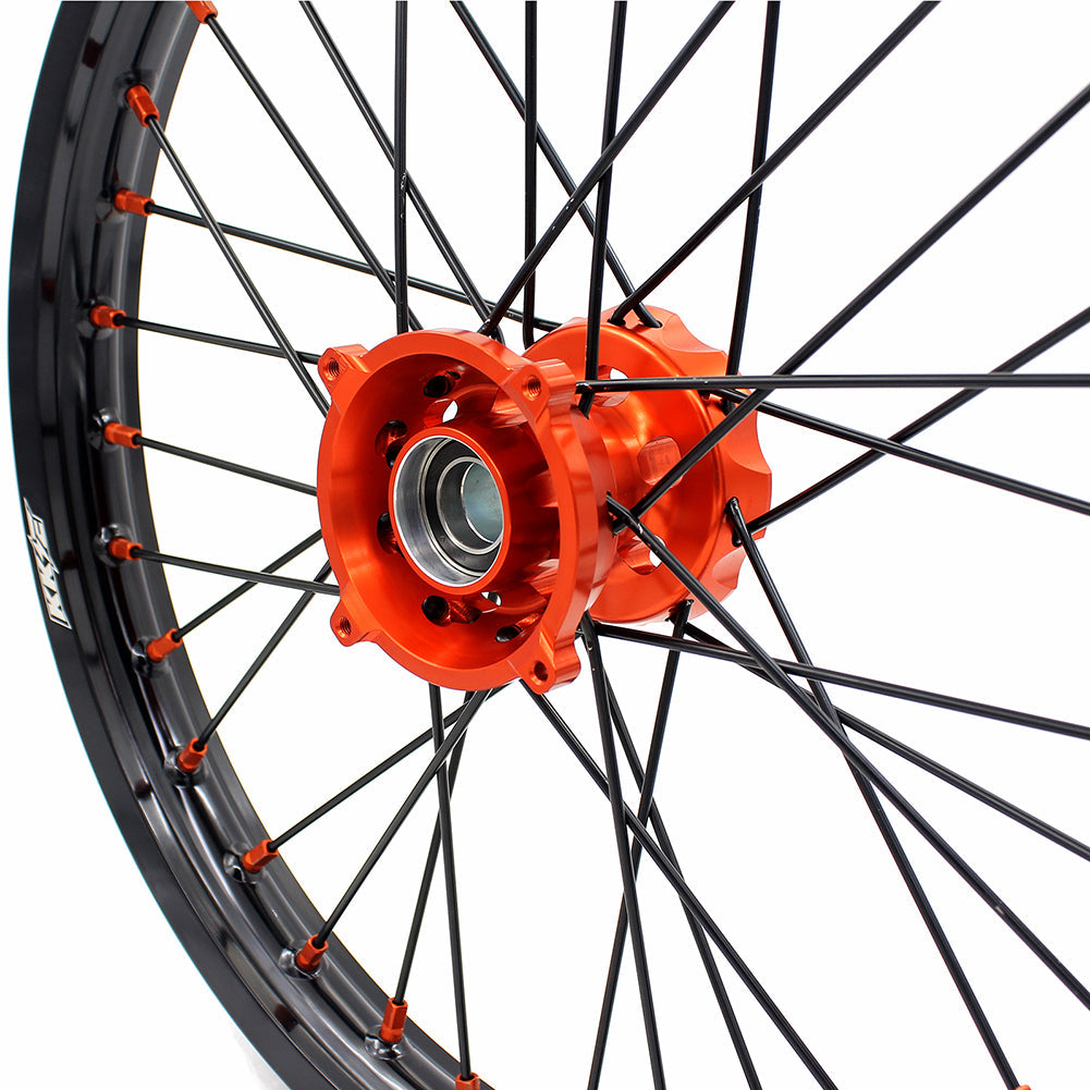 KKE 17/14 Spoked Kid's Small Wheels For KTM SX85 2021-2024 Orange Nipples & Black Spokes KKE Racing