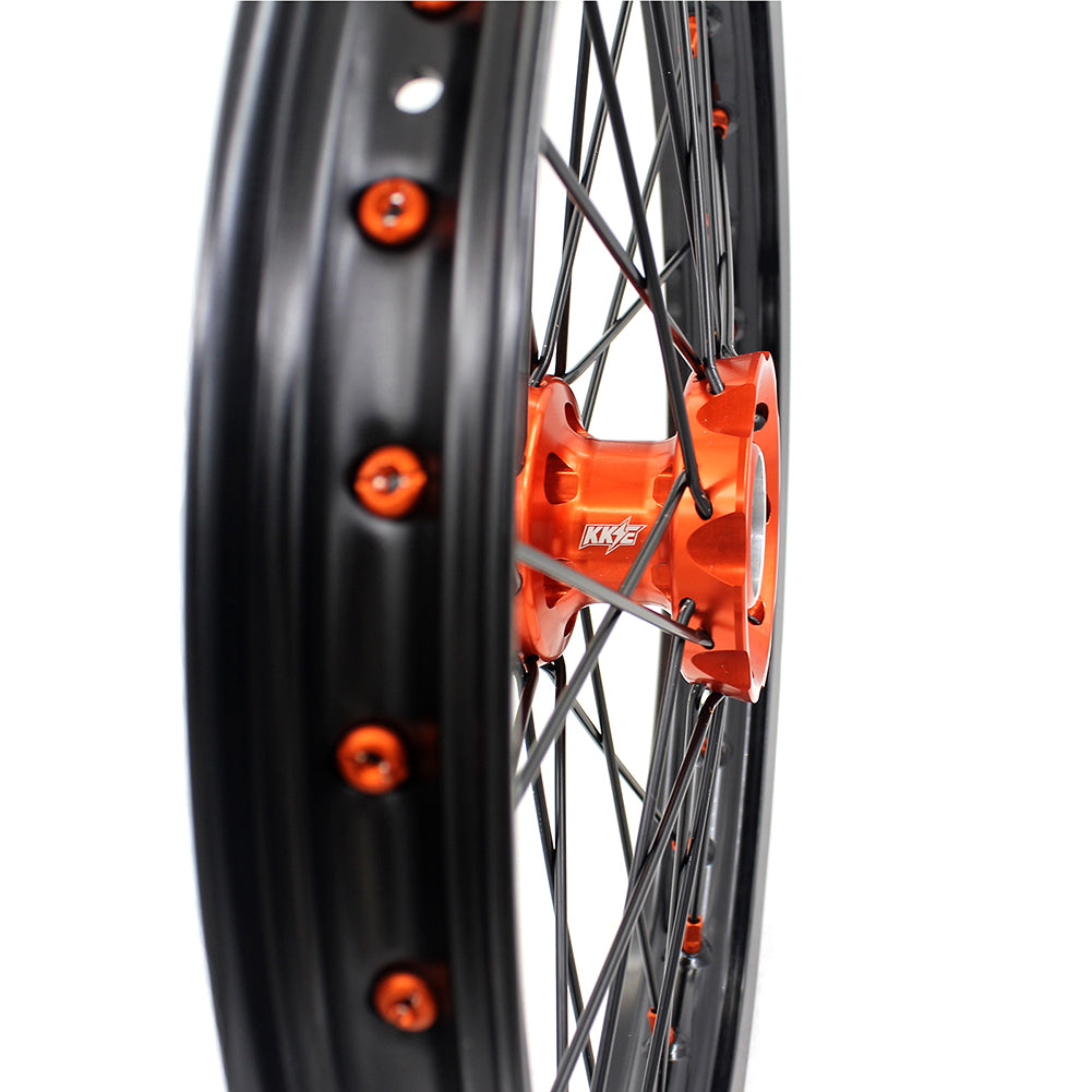 KKE 17/14 Spoked Kid's Small Wheels For KTM SX85 2021-2024 Orange Nipples & Black Spokes KKE Racing