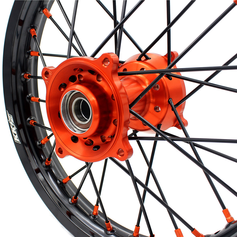 KKE 19"*1.6/16"*1.85 Big Kid's Wheels Rims Set For KTM SX85 2021 2022 2023 2024 Orange Nipples & Black Spokes KKE Racing