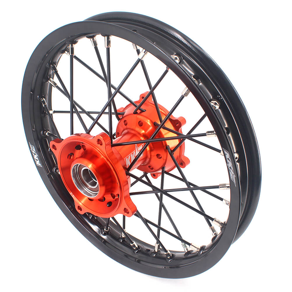 KKE 17 & 14 Small Kids Wheels Rims for KTM 85 SX 2021-2024 Orange Hub Black Spoke KKE Racing