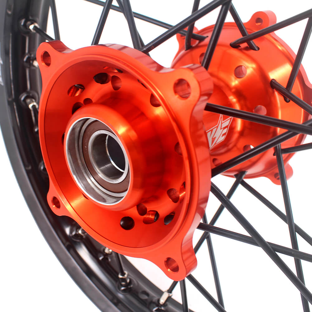 KKE 17 & 14 Small Kids Wheels Rims for KTM 85 SX 2021-2024 Orange Hub Black Spoke KKE Racing