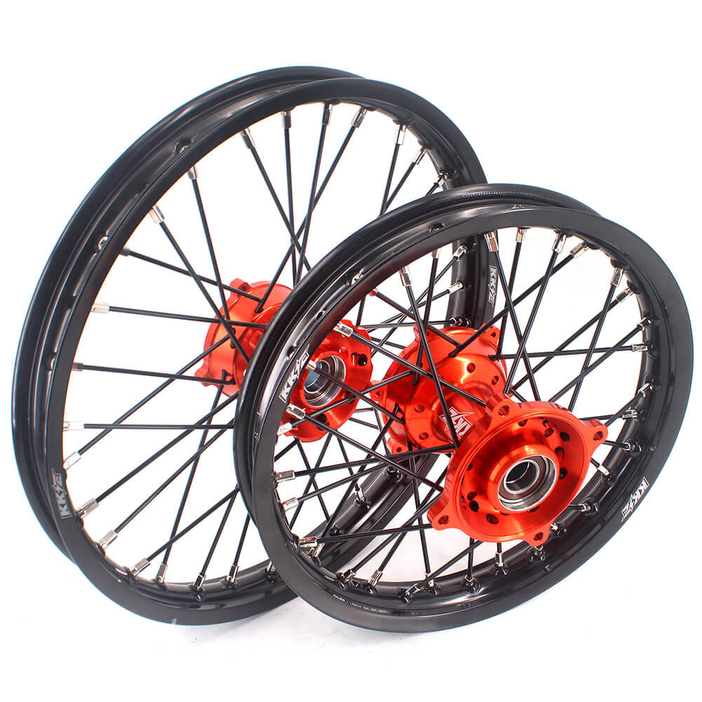 KKE 17 & 14 Small Kids Wheels Rims for KTM 85 SX 2021-2024 Orange Hub Black Spoke KKE Racing