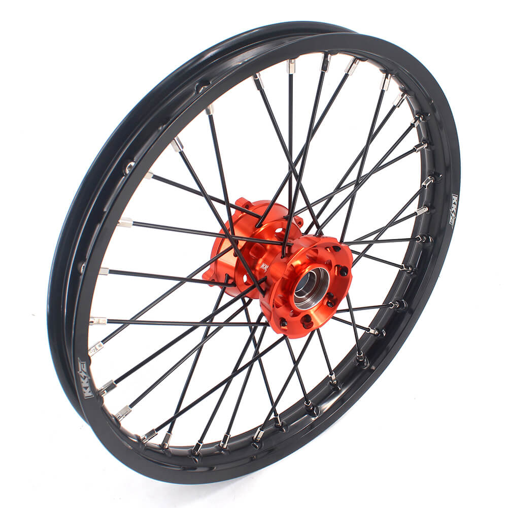 KKE 17 & 14 Small Kids Wheels Rims for KTM 85 SX 2021-2024 Orange Hub Black Spoke KKE Racing