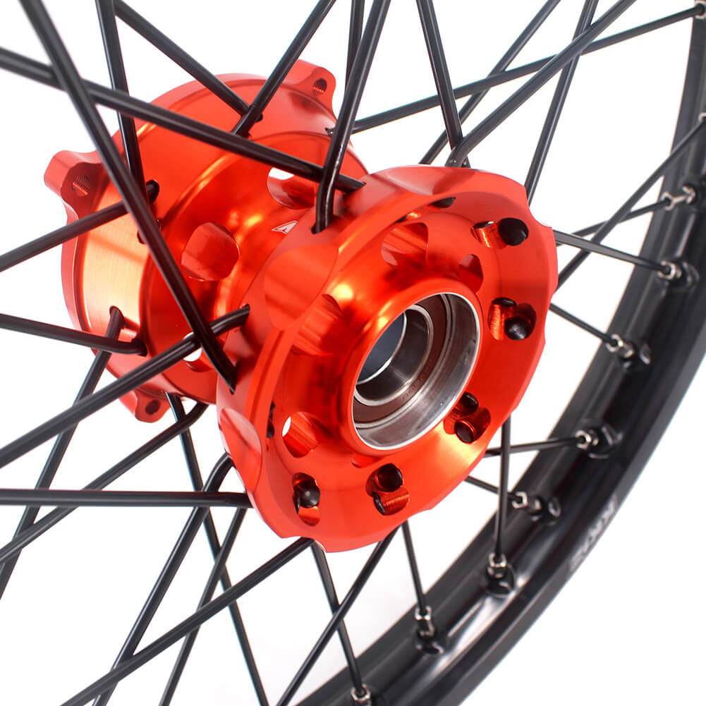 KKE 17 & 14 Small Kids Wheels Rims for KTM 85 SX 2021-2024 Orange Hub Black Spoke KKE Racing