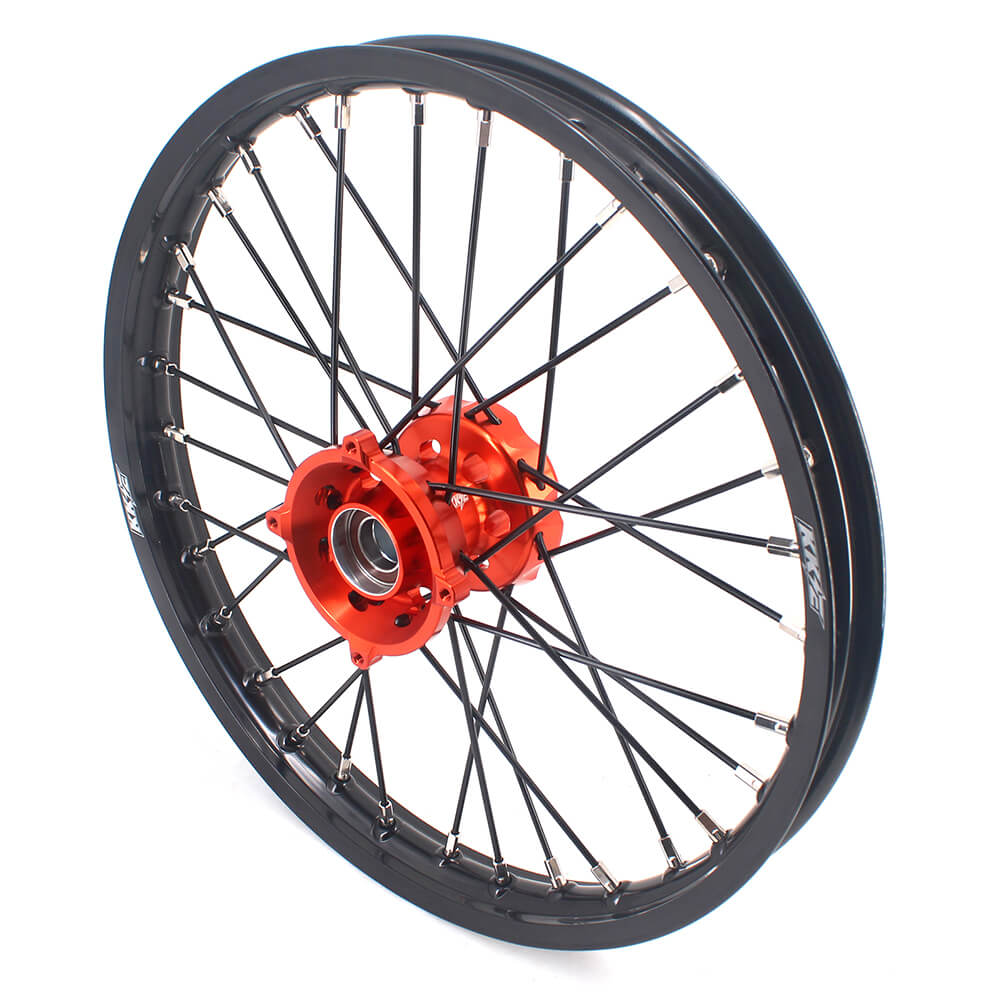 KKE 17 & 14 Small Kids Wheels Rims for KTM 85 SX 2021-2024 Orange Hub Black Spoke KKE Racing