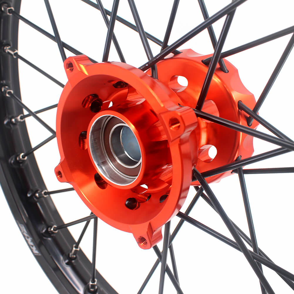 KKE 17 & 14 Small Kids Wheels Rims for KTM 85 SX 2021-2024 Orange Hub Black Spoke KKE Racing