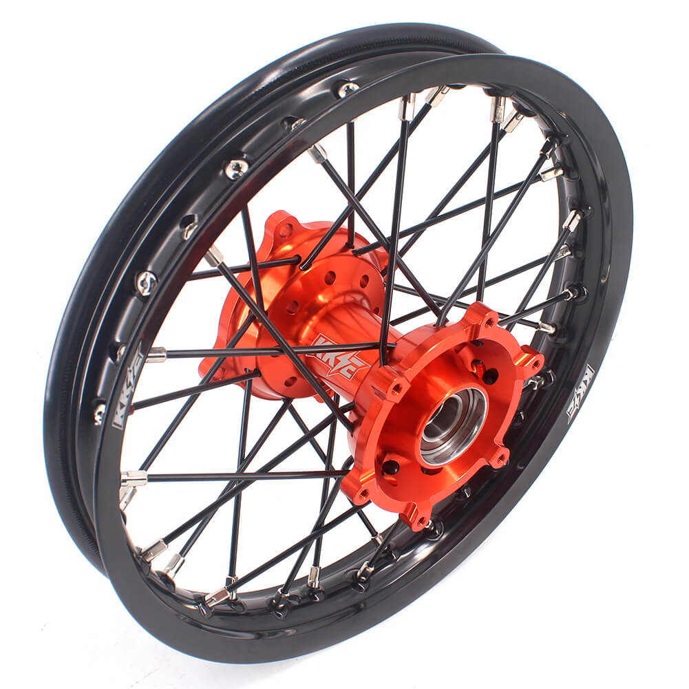 KKE 17 & 14 Small Kids Wheels Rims for KTM 85 SX 2021-2024 Orange Hub Black Spoke KKE Racing