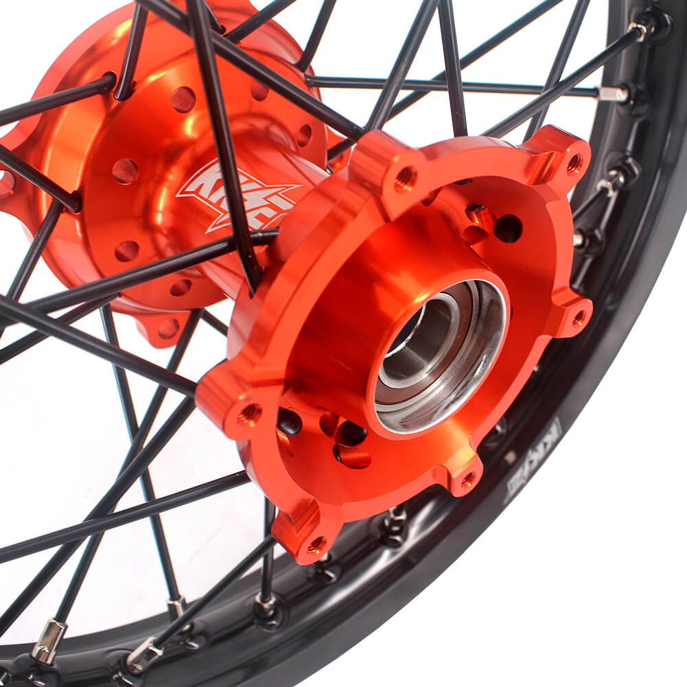 KKE 17 & 14 Small Kids Wheels Rims for KTM 85 SX 2021-2024 Orange Hub Black Spoke KKE Racing