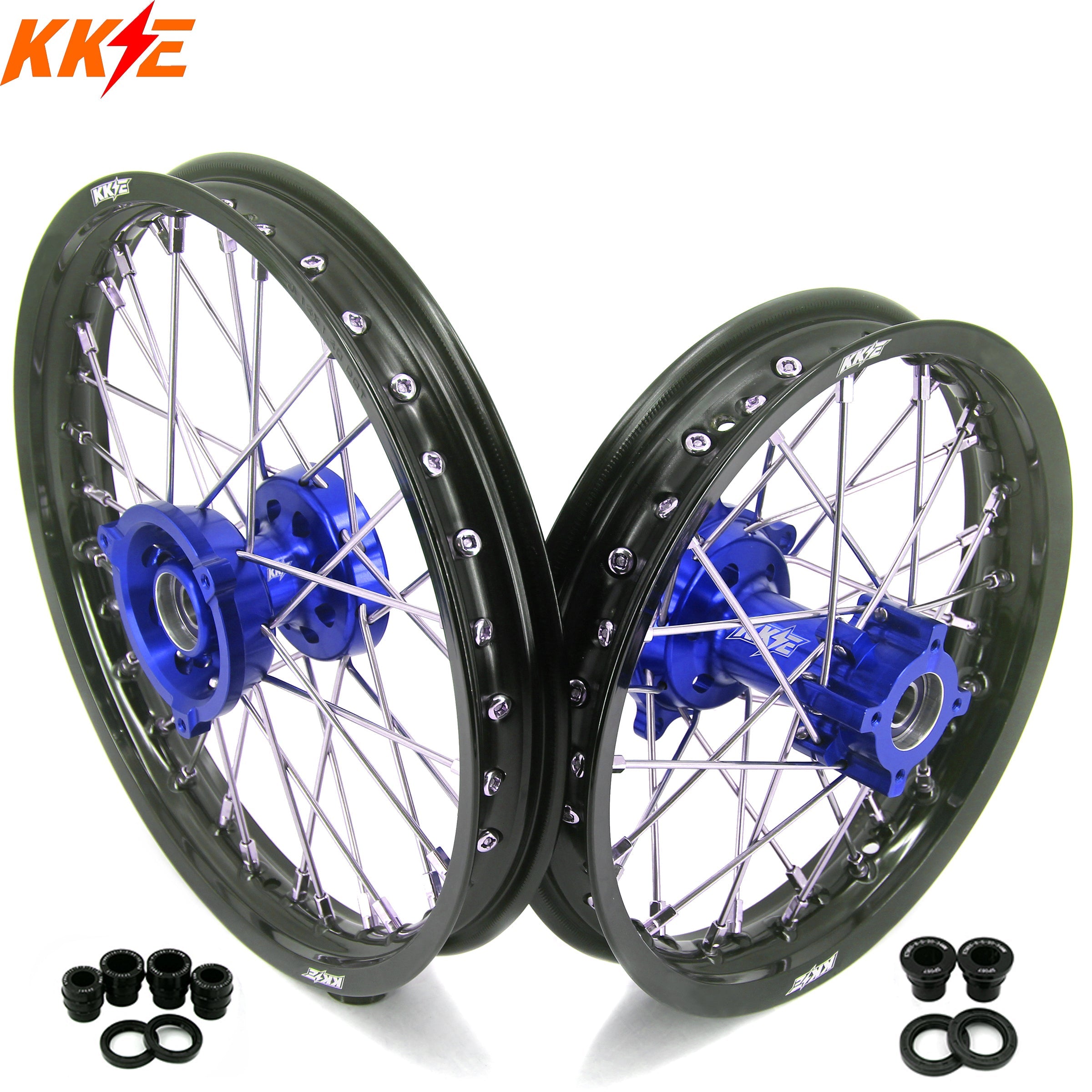 KKE 14/12 Small Kid's Wheel Set For KTM SX65 2002-2024 Blue Hub & Black Rim KKE Racing