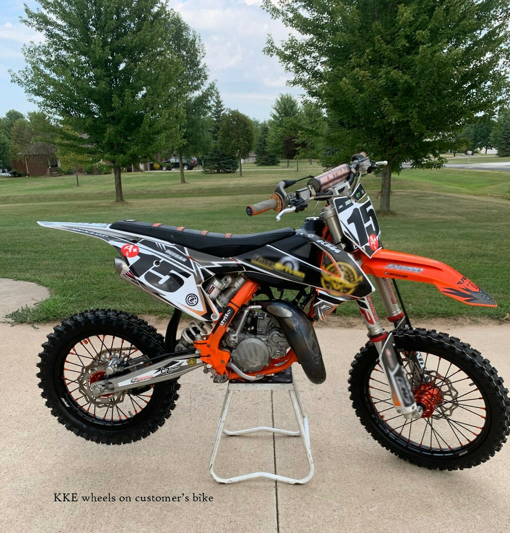 KKE 19"×1.6/16"×1.85 Spoke Kid's Big Wheels Rims Fit KTM SX 85 2003-2020 Orange Nipples & Black Spokes KKE Racing