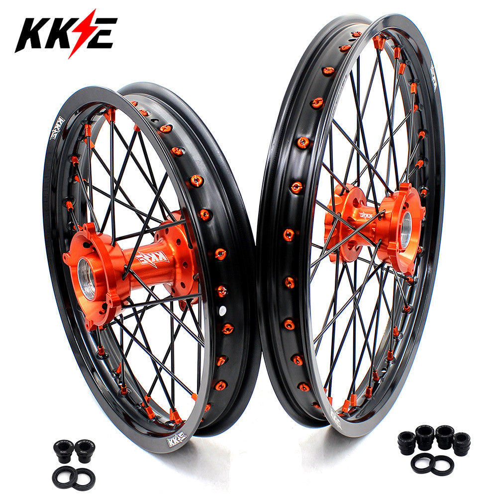 KKE 17/14 Spoked Kid's Small Wheels For KTM SX85 2021-2024 Orange Nipples & Black Spokes KKE Racing