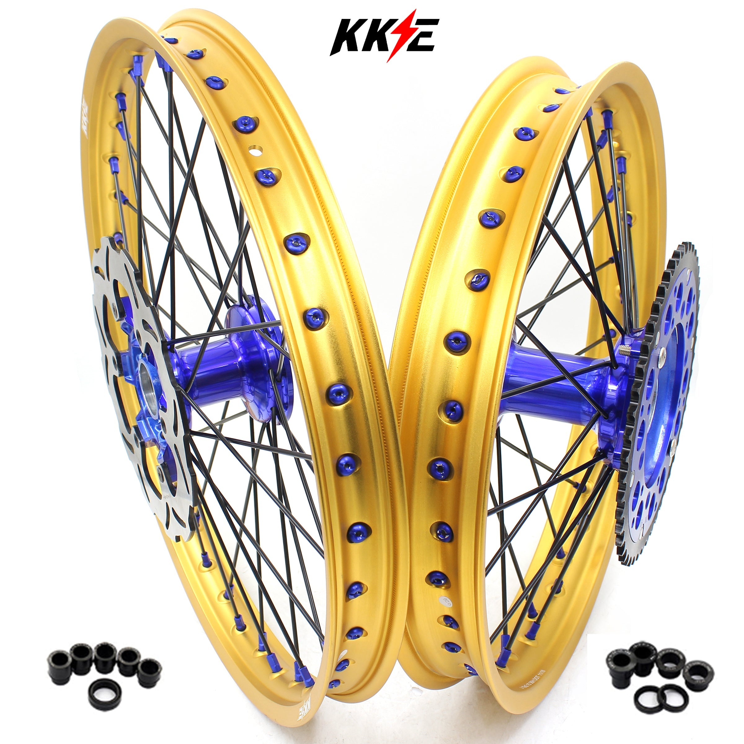 KKE 21"&19" Mx Dirtbike Cast Wheels For YAMAHA YZ125 YZ250 1999-2016 YZ250F YZ450F 2003-2015 Gold Rim Black Spokes With Disc KKE Racing
